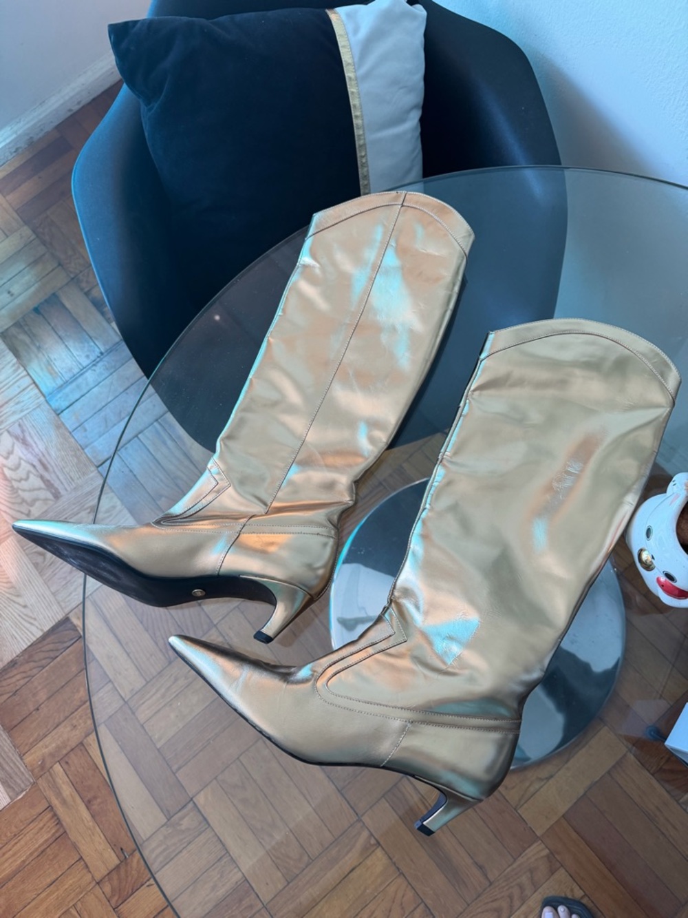 Zara Metallic Gold Knee-High Pointed-Toe Boots